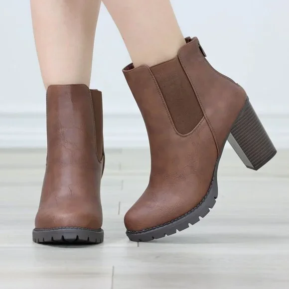 Womens Ankle Boots Lug Block Heel Brown Synthetic Leather Round Toe Elastic Gore - Picture 5 of 11